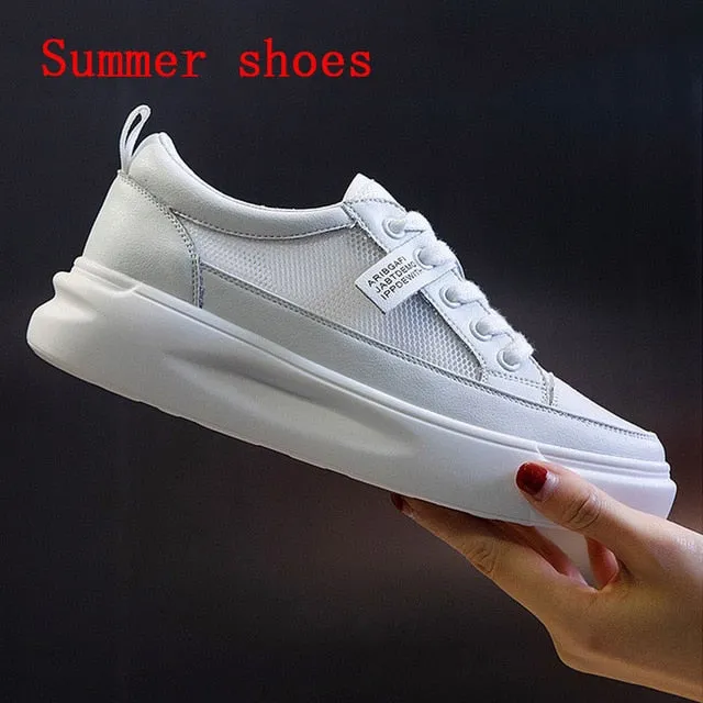 Big Size Women Sneakers Autumn Leather Light White Sneaker Female Platform Vulcanized Shoes Spring Casual Breathable Sports Shoes