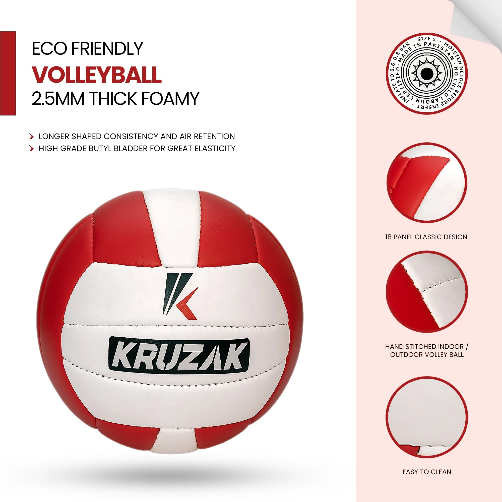 Kruzak Pro Volley Model Hand Stitched RED Volley Ball Toy - Indoor Outdoor Beach Ball for Kids Youth Adults, Beginners