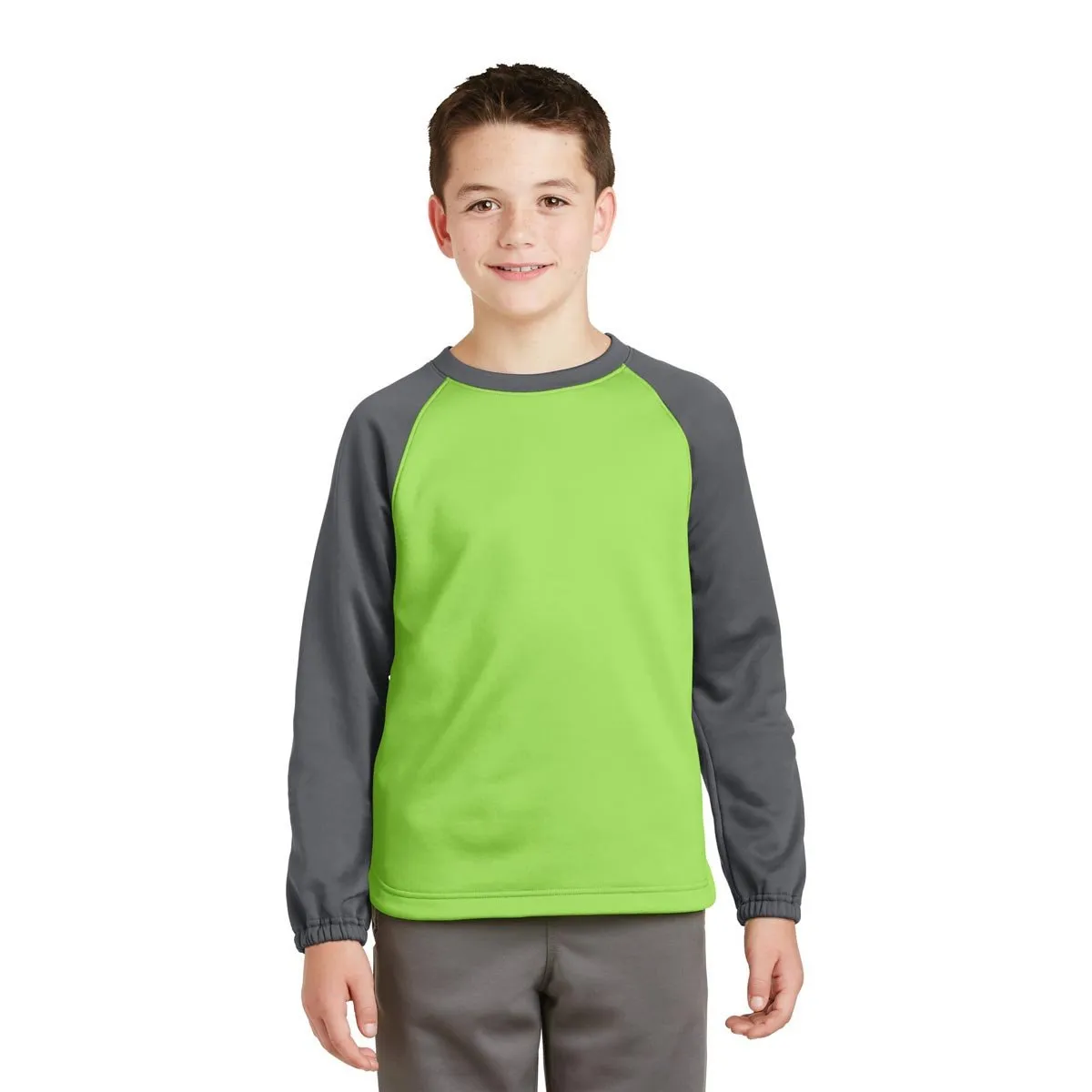 Sport-Tek Youth Lime Shock/Dark Smoke Grey Sport-Wick Raglan Colorblock Fleece Crewneck