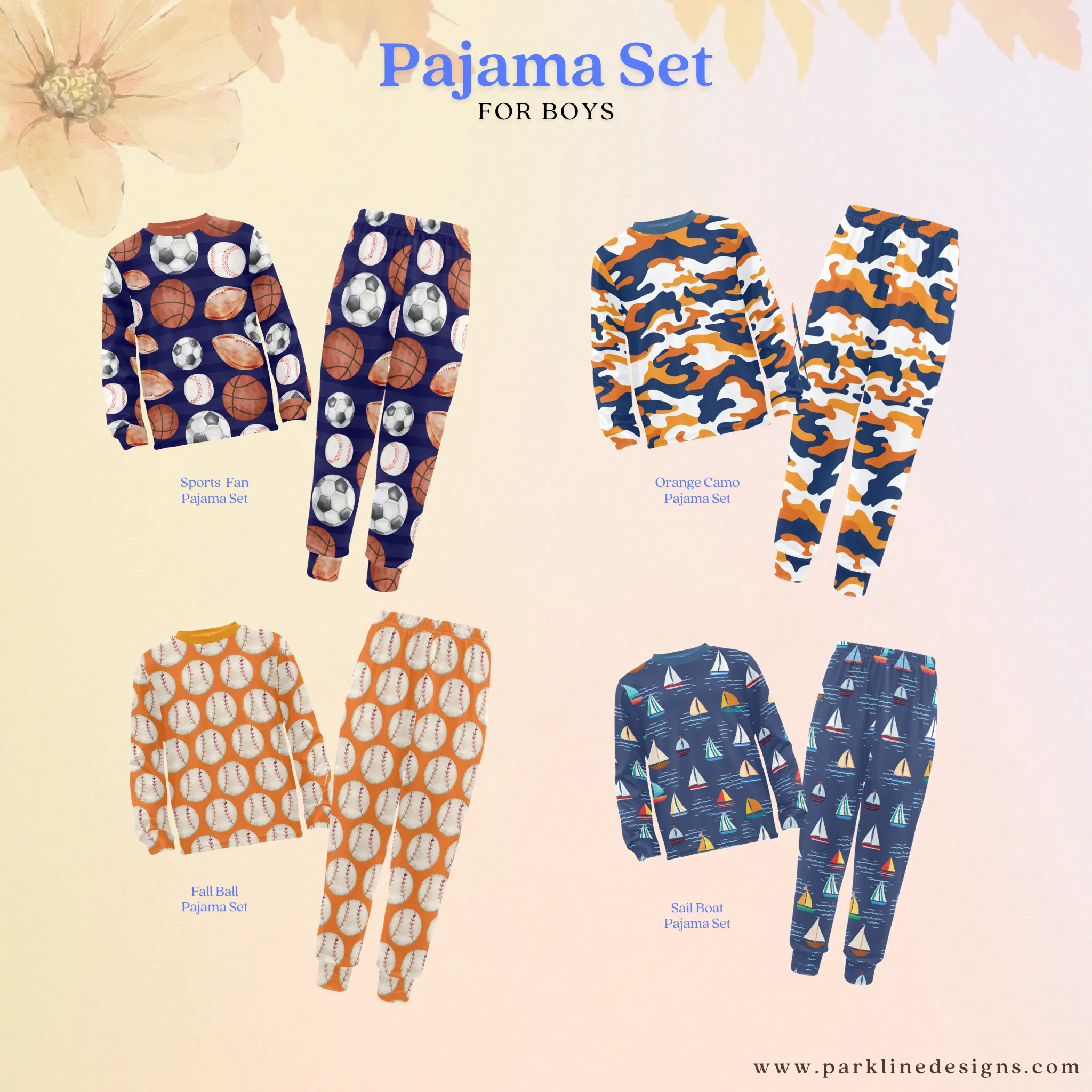 Sports Fan Boys' Pajama Set | Crew Neck Long Pajama Set with Sports Ball Pattern | Soft Long Sleeve Sleepwear for Lounging and Relaxing