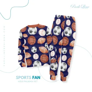 Sports Fan Boys' Pajama Set | Crew Neck Long Pajama Set with Sports Ball Pattern | Soft Long Sleeve Sleepwear for Lounging and Relaxing